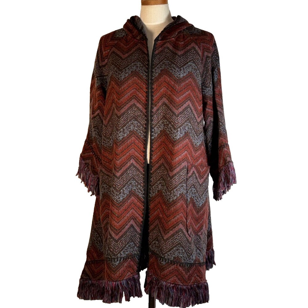 Anthropologie Hei Hei Mesilla Jacquard Kimono Jacket M/L  Chevron Fringe Hooded